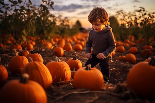 Um garotinho colhendo abóboras no Halloween em um canteiro de abóboras Generative Ai