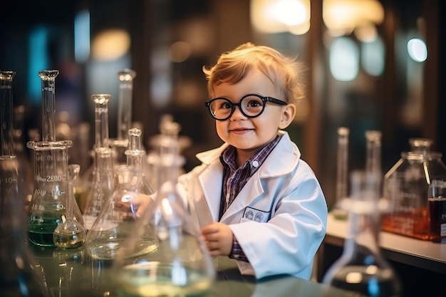 Um garotinho com roupas especiais em um laboratório realiza experimentos com líquidos em frascos de vidro A profissão de cientista químico