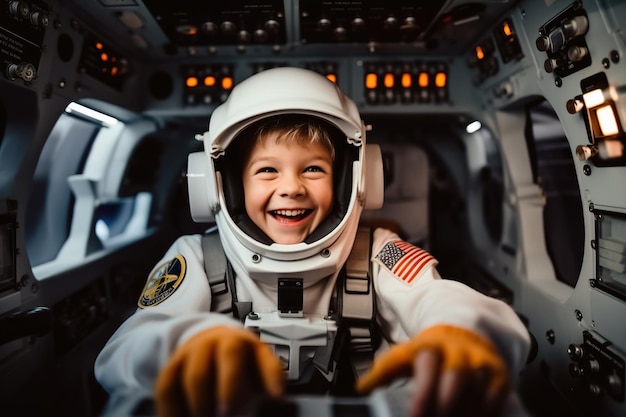 Um garotinho em um traje espacial sorrindo imagem ai generativa