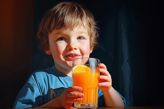 Um garotinho está bebendo um copo de suco de laranja.