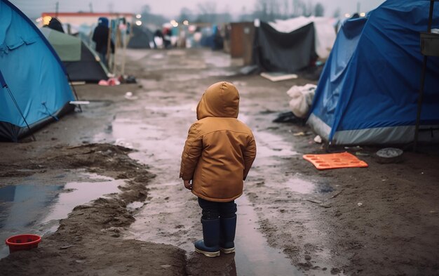 Um garotinho está em uma área lamacenta em frente a uma barraca que tem a palavra