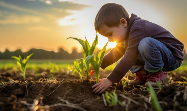 Um garotinho está plantando mudas de milho no campo ao pôr do sol