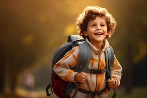 Um garotinho feliz e sorridente carregando uma mochila indo para a escola Generative Ai