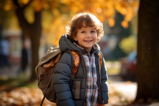 Um garotinho feliz e sorridente carregando uma mochila indo para a escola Generative Ai