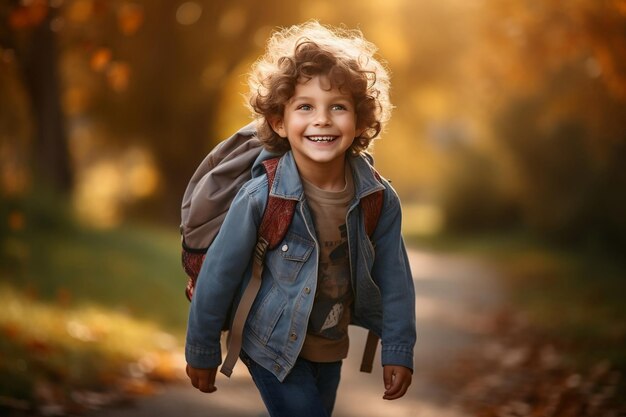 Um garotinho feliz e sorridente carregando uma mochila indo para a escola Generative Ai