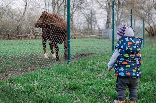 Um garotinho fica perto de um curral com uma vaca Crianças e animais na aldeia
