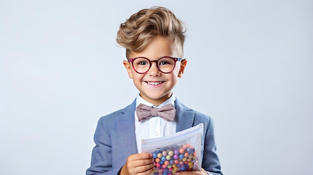 Um garotinho professor com doces nas mãos