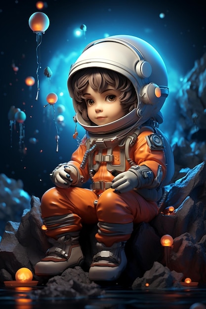 um garotinho sentado em uma pedra no espaço de um astronauta