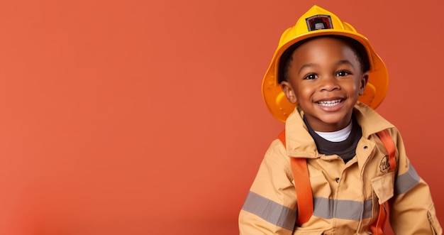 um garotinho vestido de bombeiro fica na frente de um fundo laranja