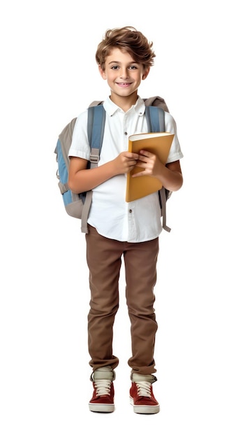 Um garotinho vestindo uma mochila segurando um livro branco na mão com um sorriso no rosto