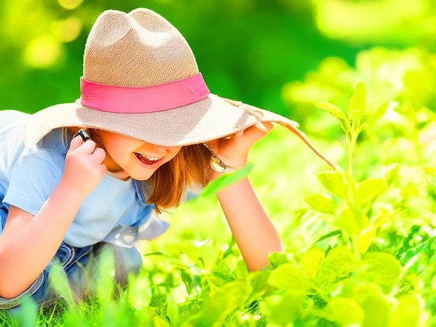 Um garoto alegre e extrovertido com um chapéu de sol explorando a natureza com uma lupa