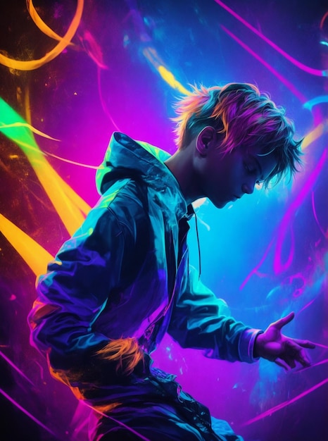 um garoto dançando no fundo neon da festa do DJ