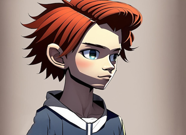 Um garoto de anime com longos cabelos ruivos e um olhar determinado