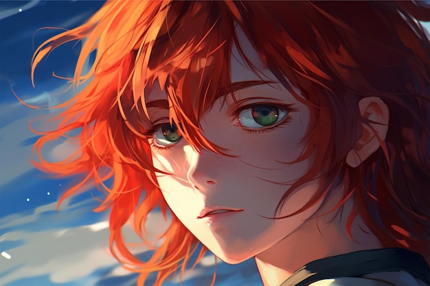 Um garoto de anime com longos cabelos ruivos e um olhar determinado