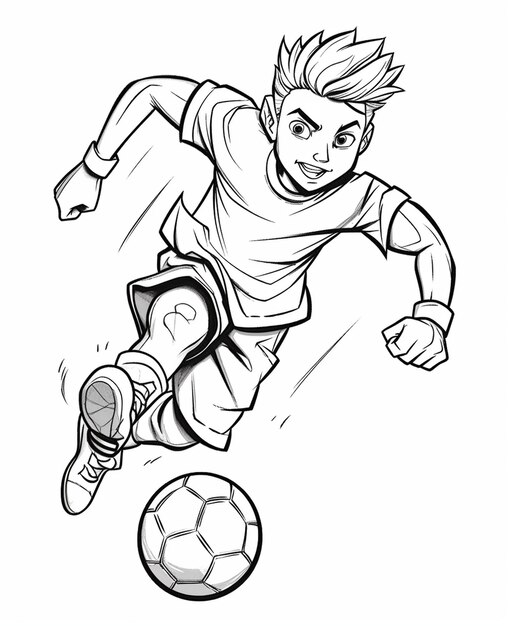 Foto um garoto de desenho animado está jogando futebol com uma bola