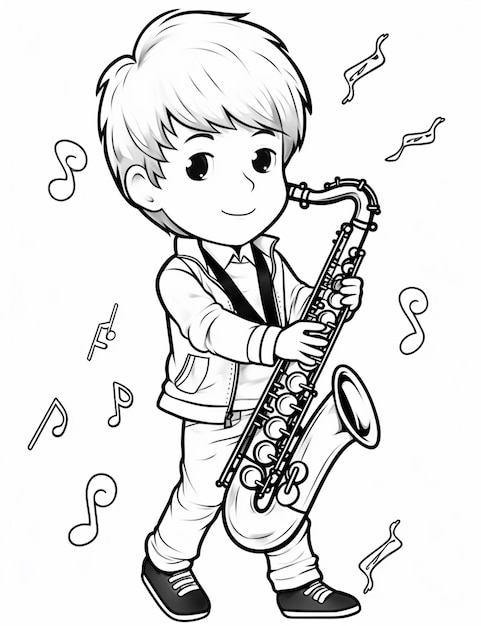 um garoto de desenho animado tocando saxofone com notas ao seu redor ai generativa