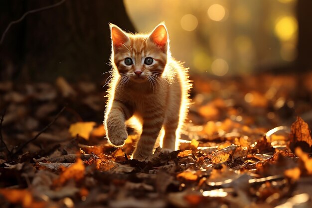 Um gatinho bonito a caminhar na natureza num dia ensolarado.