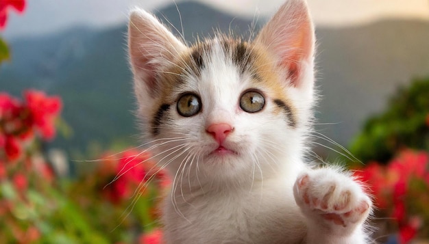 Foto um gatinho bonito a olhar para a câmara.