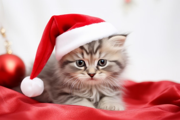 Um gatinho bonito e festivo a usar um chapéu de Pai Natal.