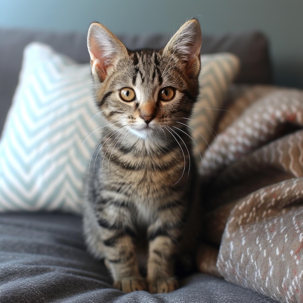 Um gatinho bonito senta-se numa cama e olha para a câmara.