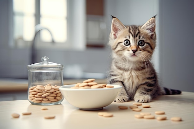 Foto um gatinho bonito sentado na cozinha.