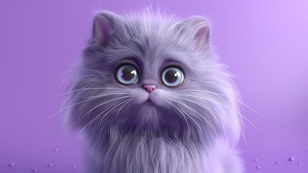 Um gatinho branco bonito e fofinho com olhos azuis está sentado em um fundo roxo O gatinho está olhando para a câmera com uma expressão curiosa