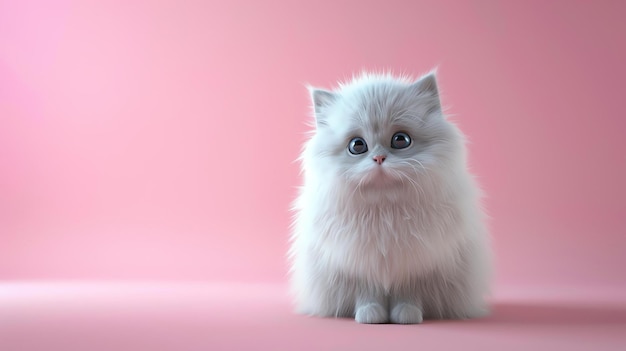 Um gatinho branco bonito e fofinho senta-se em um fundo rosa O gatinho está olhando para a câmera com seus grandes olhos azuis