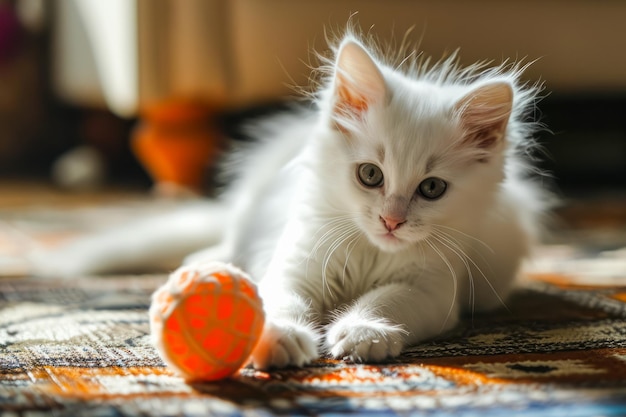 Um gatinho branco bonito está alegremente brincando com uma bola laranja capturada em um momento delicioso de