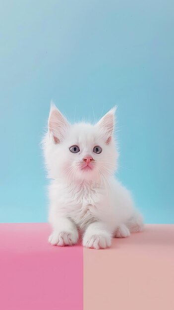 Um gatinho branco com olhos azuis e um nariz rosa senta-se em uma superfície rosa