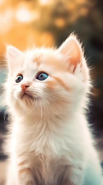 Um gatinho branco com olhos azuis olha para a câmera.