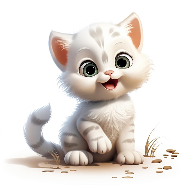 um gatinho branco com olhos verdes e uma cauda branca e fofa