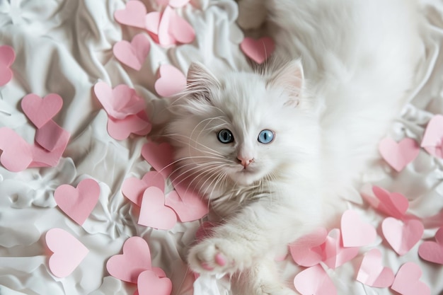 Foto um gatinho branco está deitado em corações de papel dia dos namorados