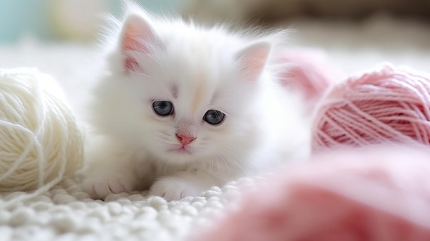 Um gatinho branco fofo brincando com um novelo de lã gerado por IA