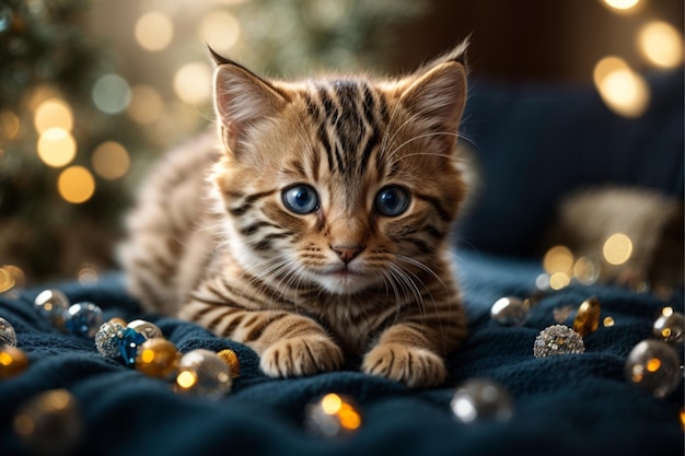Um gatinho brincalhão com olhos de safiro brilhantes retratado em um estilo de desenho animado caprichoso