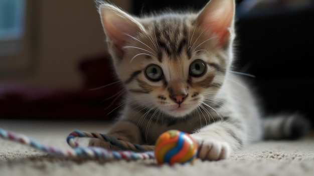 Um gatinho brincando com uma bola