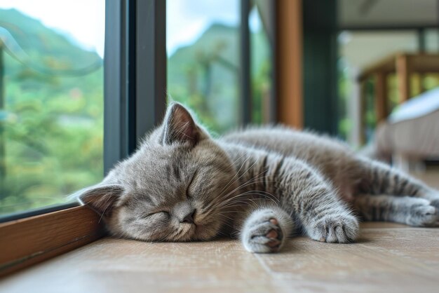 Um gatinho cinzento está dormindo no chão ao lado de uma janela