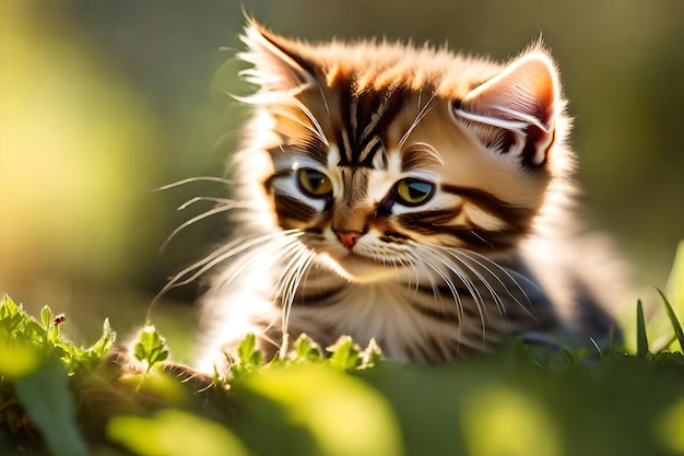 Um gatinho com bigodes brancos está deitado na grama.