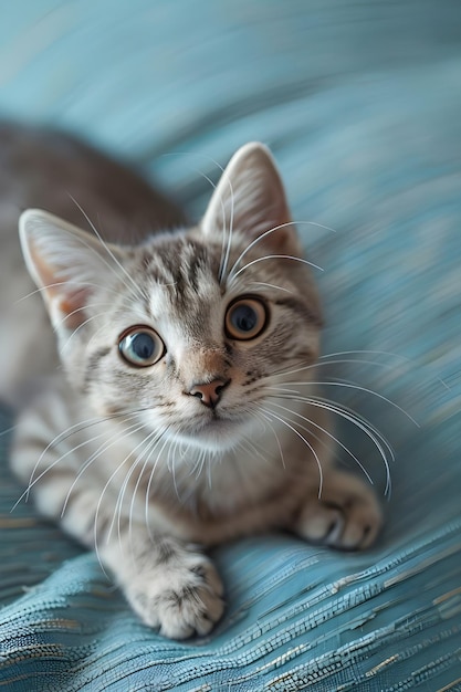 Foto um gatinho com olhos azuis e um nariz branco está deitado em um sofá