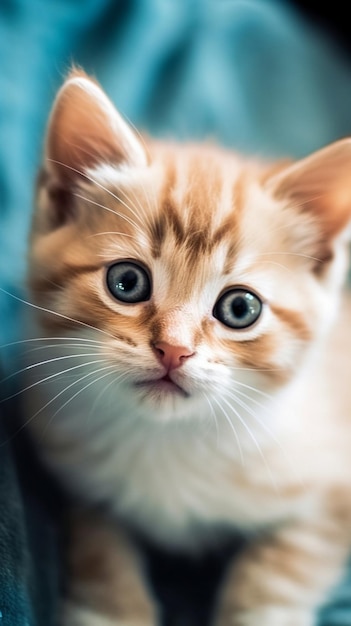 Um gatinho com um cobertor azul no rosto