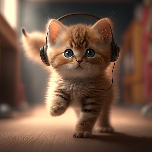 Um gatinho com um par de fones de ouvido andando no chão.