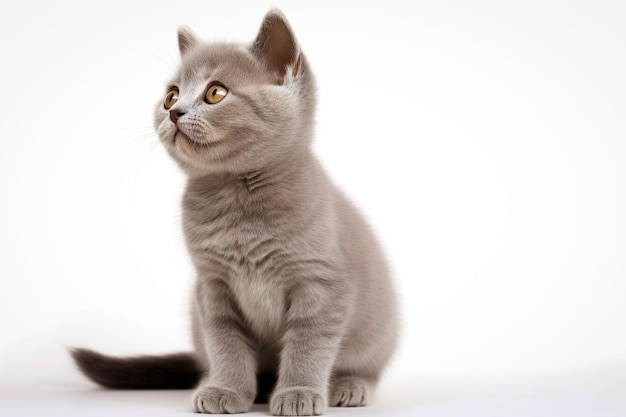 Um gatinho com uma cauda fofa senta-se sobre um fundo branco