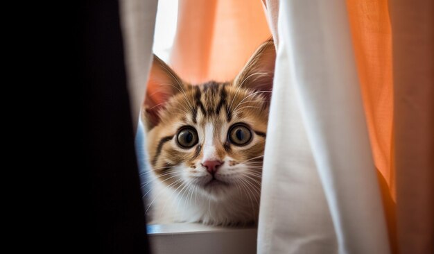 Um gatinho curioso espreitando por trás de uma cortina observando o mundo lá fora