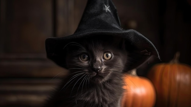 Um gatinho de Halloween senta-se sob um chapéu de bruxa com velas de abóbora em um fundo preto por AI