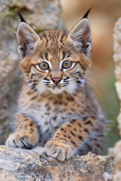 Um gatinho de lince curioso com orelhas grandes e uma expressão brincalhona