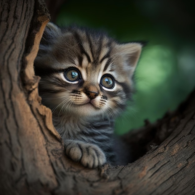 Um gatinho de olhos azuis está olhando para fora de uma árvore
