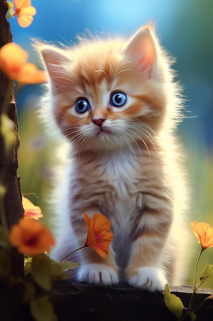 Foto um gatinho de olhos azuis sentado em cima do muro