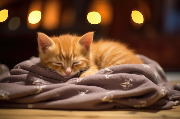 Um gatinho dormindo em um cobertor com uma árvore de natal ao fundo.