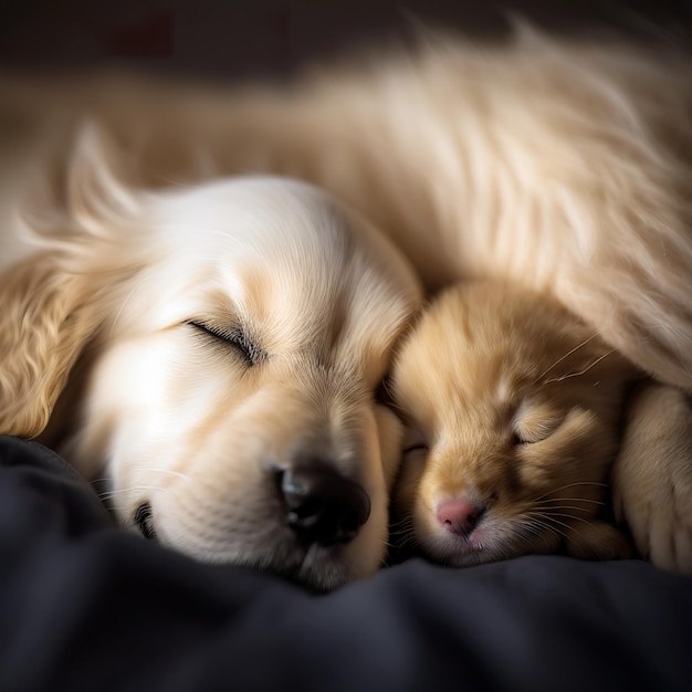 Um gatinho e um bebê golden retriever dormem juntos