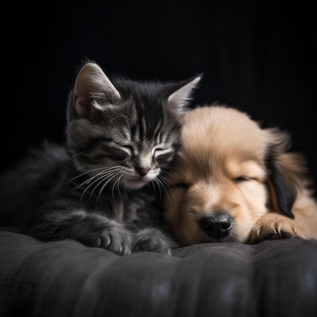 um gatinho e um cachorro abraçados em um sofá.