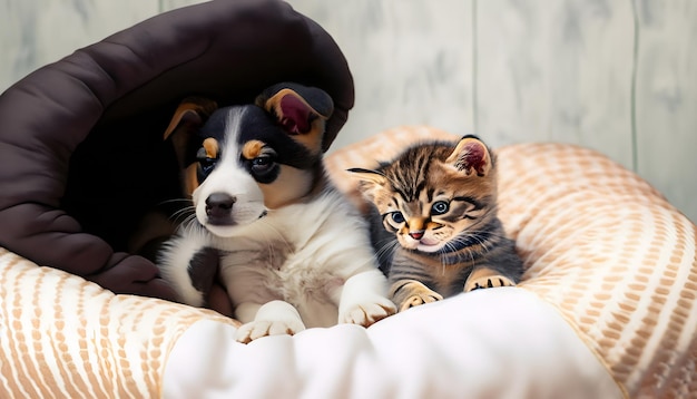 um gatinho e um cachorro estão em uma cama.